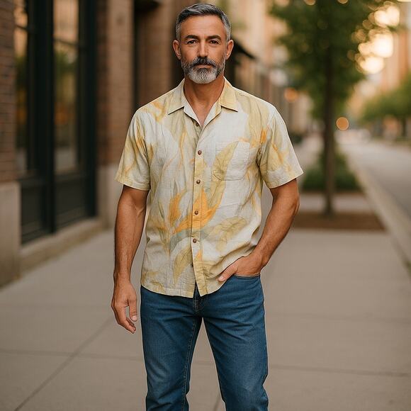 Tommy Bahama Mens Shirt Sz L Linen Blue Yellow Bird of Paradise Flower Buttons - Picture 2 of 10